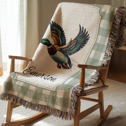 Personalized mallard duck baby blanket with green plaid border and custom name for rustic woodland nursery