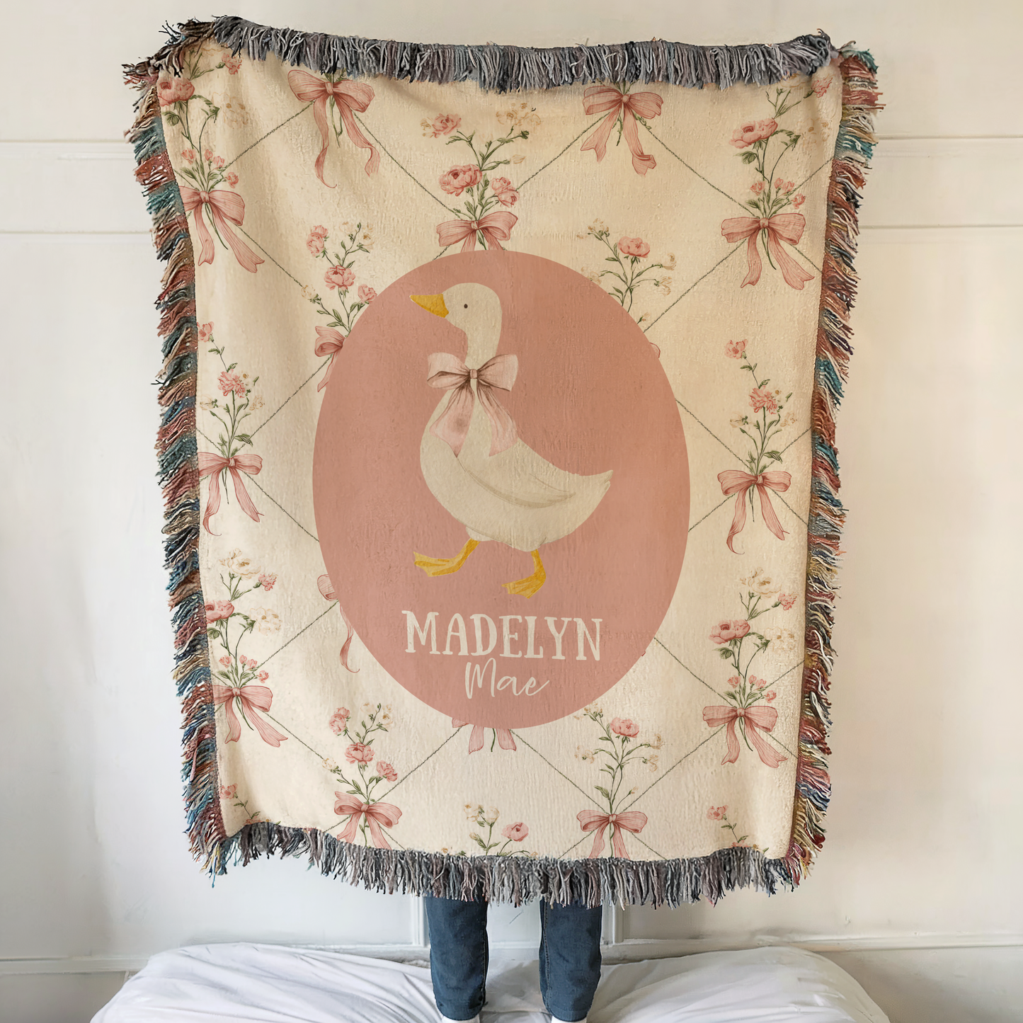 Personalized pink goose baby blanket with floral bows and custom name for vintage girl nursery decor