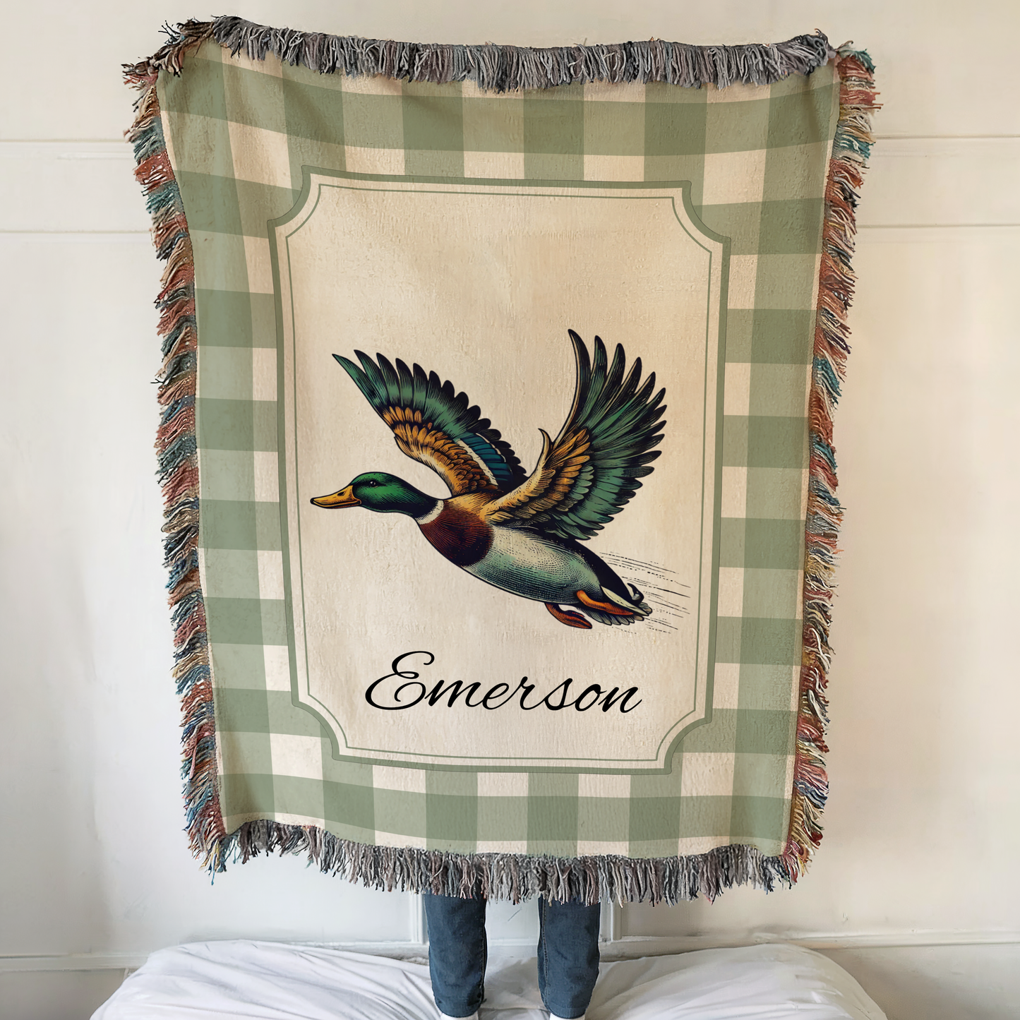Personalized mallard duck baby blanket with green plaid border and custom name for rustic woodland nursery
