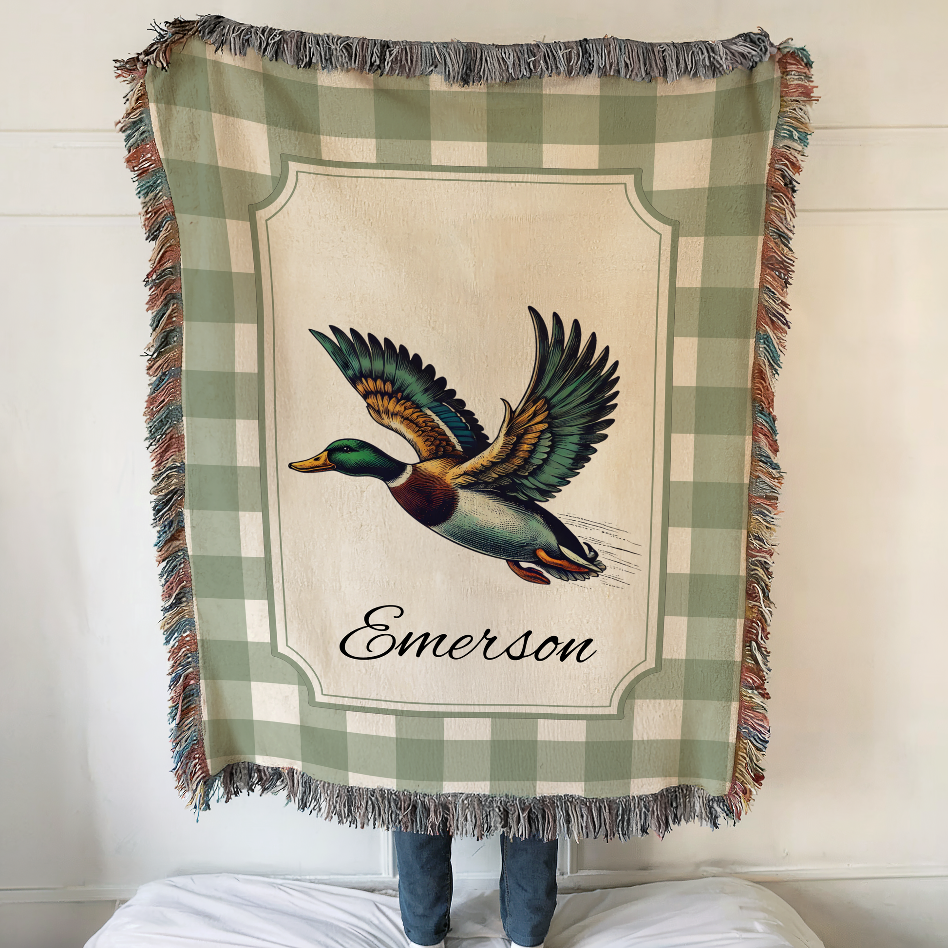 Personalized mallard duck baby blanket with green plaid border and custom name for rustic woodland nursery