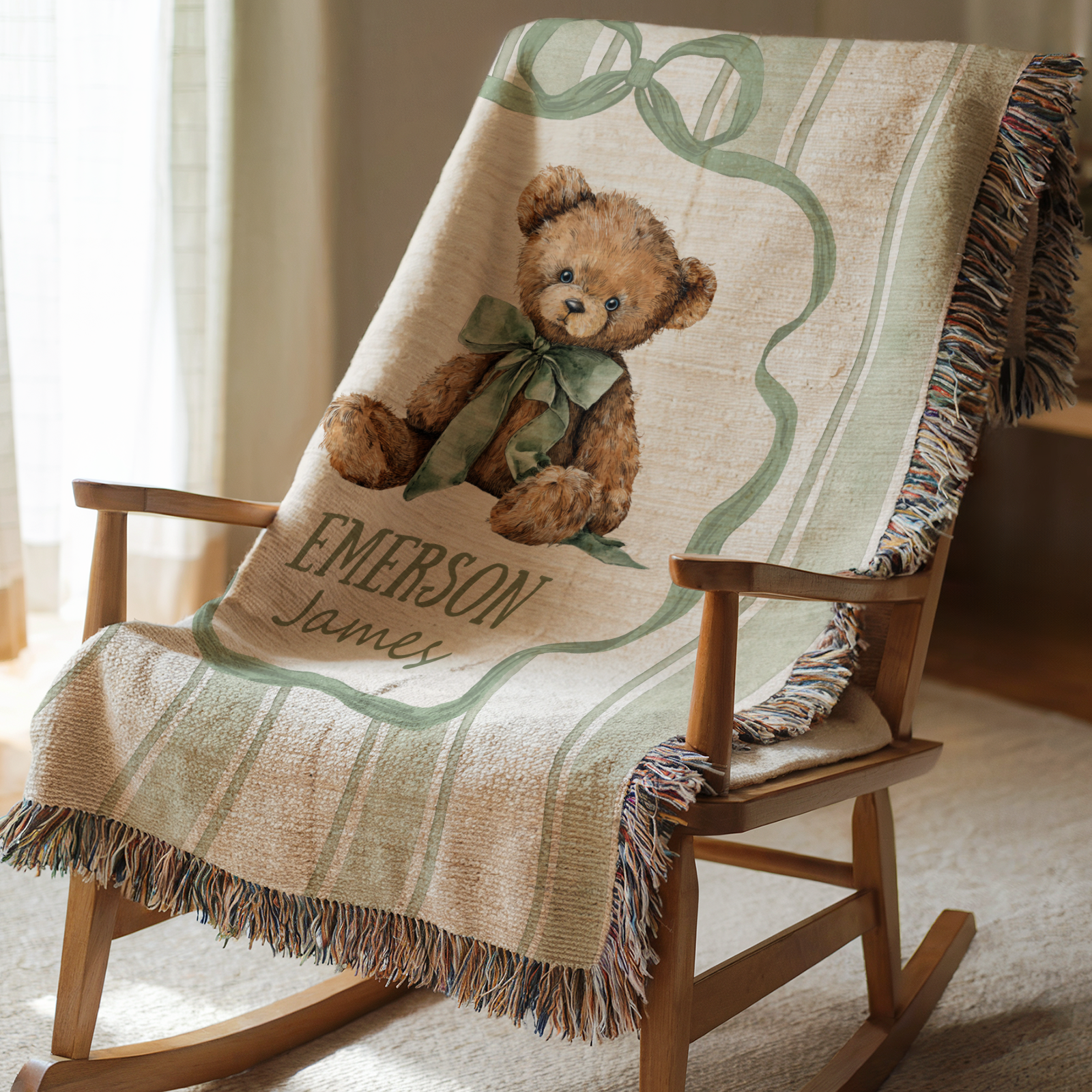 Personalized teddy bear baby blanket with custom name and vintage nursery design draped over crib