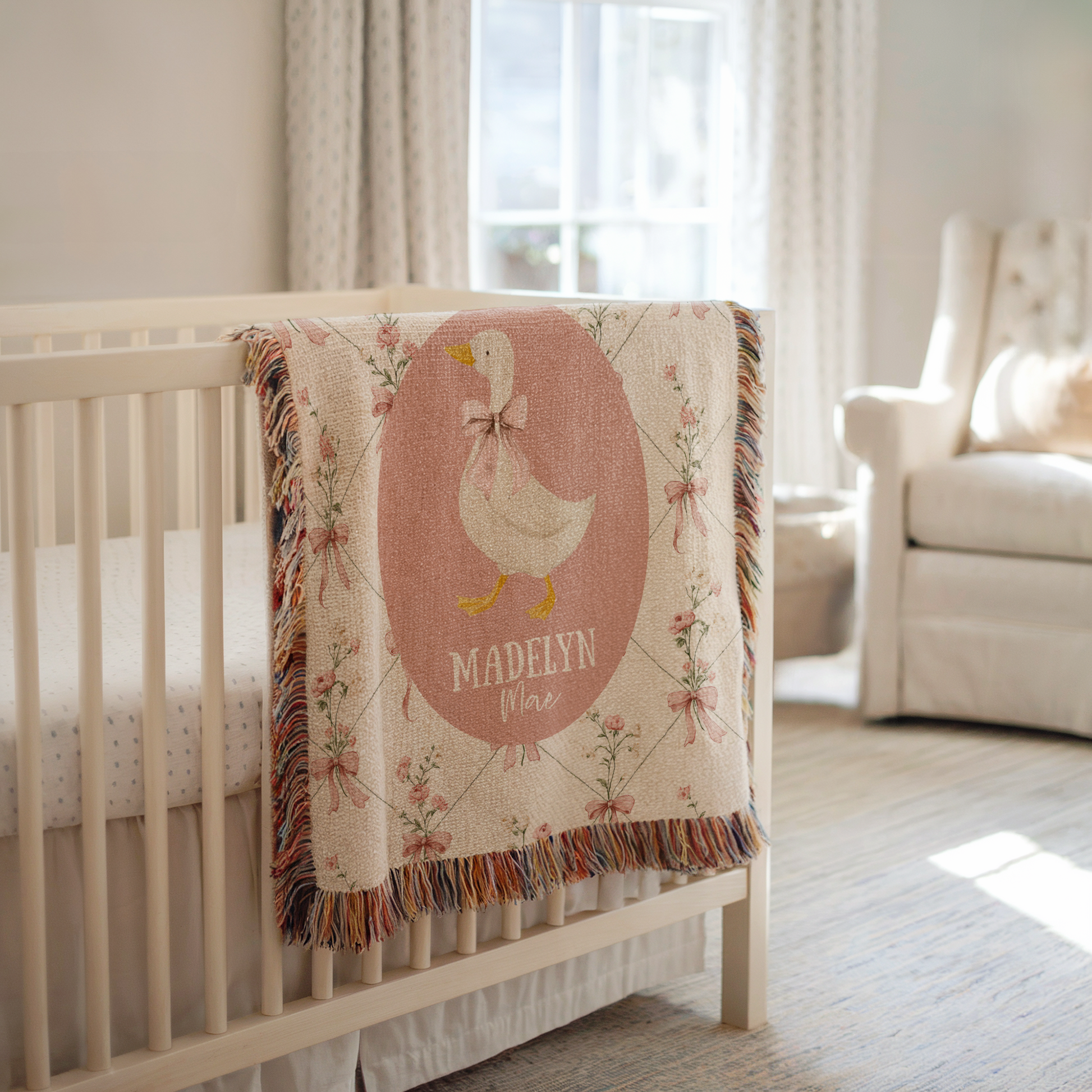 Personalized pink goose baby blanket with floral bows and custom name for vintage girl nursery decor