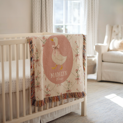 Personalized pink goose baby blanket with floral bows and custom name for vintage girl nursery decor