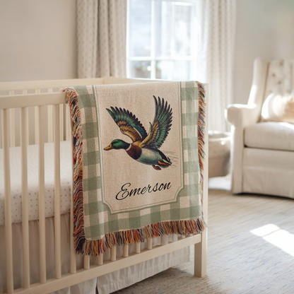 Personalized mallard duck baby blanket with green plaid border and custom name for rustic woodland nursery
